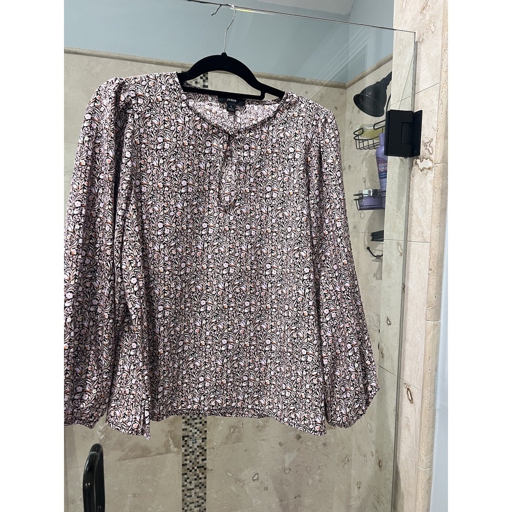 J. Crew Balloon Sleeve Floral Print Top L Long Sleeve Keyhole Purple Blouse